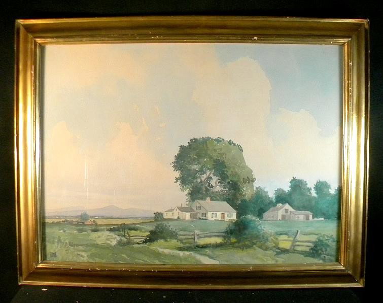 Watercolor Landscape W/Farmhouse Newcomb Macklin : Nicely executed large watercolor landscape of a farmhouse, with mountains in background. In Newcomb Macklin frame, with partial label. Painting measures 23" x 31", and is signed illegibly. First name 