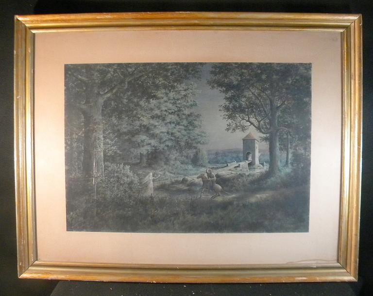 George T Tribe w/color Medieval Scene with Ghost: Large watercolor by George T. Tribe, dated 1913. Appears to be a medieval scene with Man on horse approaching a ghost like female figure. Measures 20" x 30", a draw bridge in background.