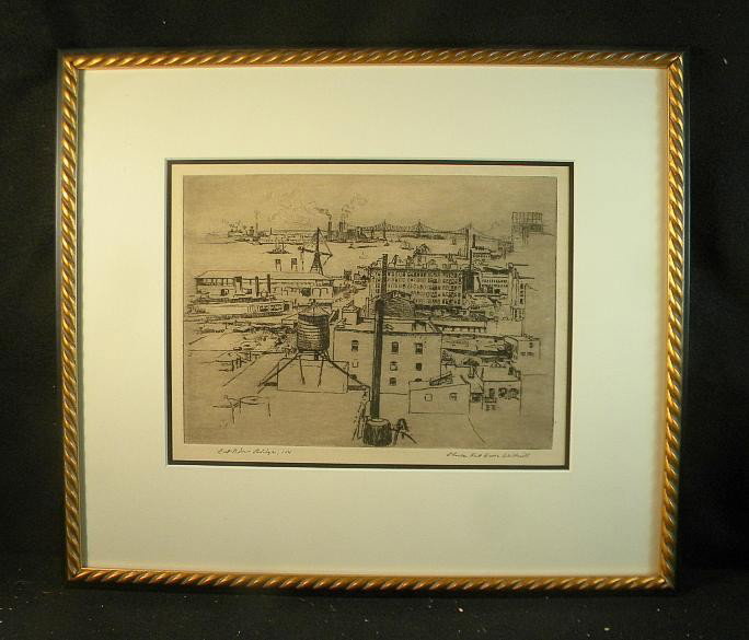 Elisha Kent Kane Wetherill Etching East River Bri: Elisha Kent Kane Wetherill (1874-1929) Etching East River Bridge, from estate of Artist, as pictured on back of frame. Elisha Kent Kane Wetherill, painter, etcher and WWI veteran, was born in Philadel