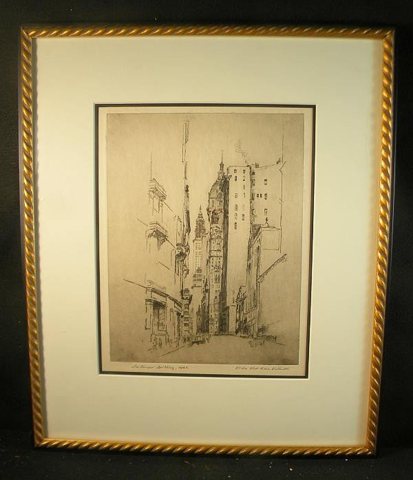 Elisha Kent Kane Wetherill Etching Singer Buildin: Elisha Kent Kane Wetherill Etching of the Singer Building, NYC. From estate of the Artist, as shown on the back. Measures 8 1/2" x 11". Elisha Kent Kane Wetherill, painter, etcher and WWI veteran, was