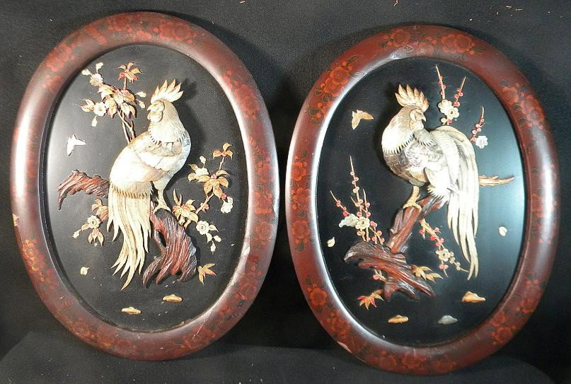 Pair Older Asian Carved Bird Plaques Ivory MOP Co: This is a pair of older Asian bird plaques, I believe they are made of Mother of Pearl, possibly ivory or bone, and coral. The frames have a nice floral decoration, some wear to frames. The birds look
