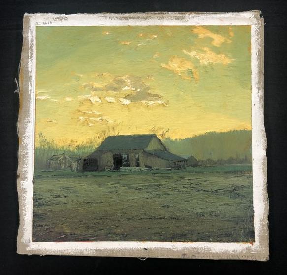 Harry Orlyk ( b 1947 ) o/c titled ( Barn with Irrigation Pipes, 2005 ) signed lower right, canvas (1 of 3)