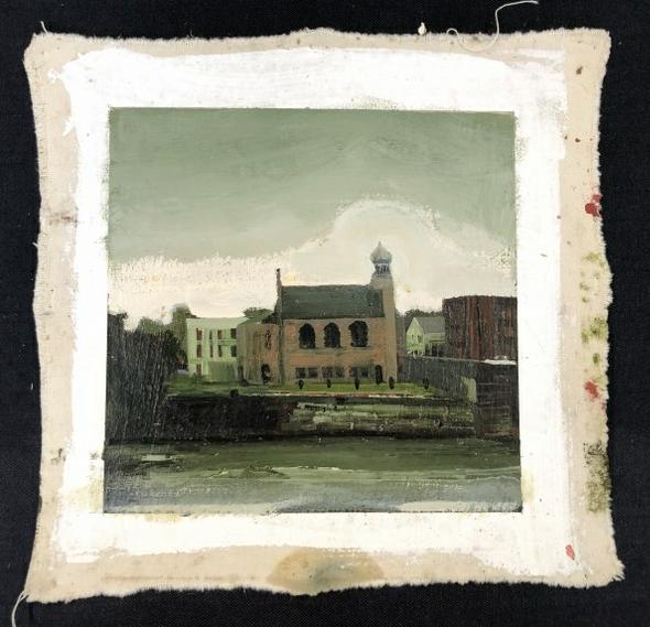 Harry Orlyk ( b 1947 ) o/c landscape with buildings & water in foreground, unsigned, loos canvas (1 of 1)