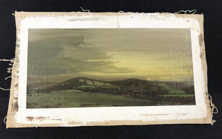 Harry Orlyk ( b 1947 ) landscape titled ( Hills at Dusk - dated 6-22-1981 ). Loose canvas measures: Harry Orlyk ( b 1947 ) landscape titled ( Hills at Dusk - dated 6-22-1981 ). Loose canvas measures 11" x 19". From Hudson, N.Y. estate of noted Art Collector Albert Burnette Roberts (1932-2021). His 4