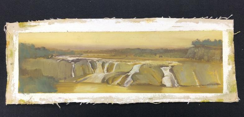 Harry Orlyk ( b 1947 ) o/c landscape with waterfalls in foreground, canvas measures 7.5" x 21". (1 of 1)