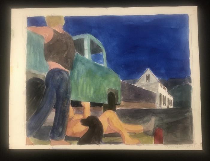 Edward Avedisian ( 1936-2007 ) w/color with someone under pick up truck working, someone leaning: Edward Avedisian ( 1936-2007 ) w/color with someone under pick up truck working, someone leaning against the truck with a black dog. Signed lower right, dated 1991, watercolor measures 18" x 24". From