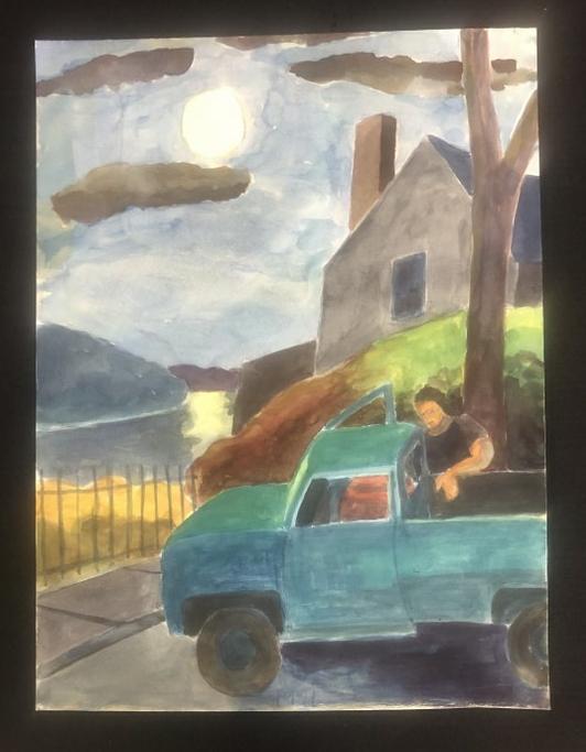 Edward Avedisian ( 1936-2007 ) w/color woman by pick up truck, with house in background, dated 1991.: Edward Avedisian ( 1936-2007 ) w/color woman by pick up truck, with house in background, dated 1991. Watercolor measures 24" x 18". From Hudson, N.Y. estate of noted Art Collector Albert Burnette Robe