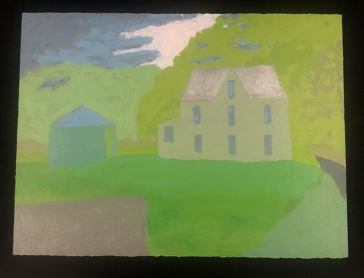 Edward Avedisian ( 1936-2007 ) goauce on paper landscape with (2) buildings, signed lower right in: Edward Avedisian ( 1936-2007 ) goauce on paper landscape with (2) buildings, signed lower right in paint, painting measures 22.5" x 30". From Hudson, N.Y. estate of noted Art Collector Albert Burnette