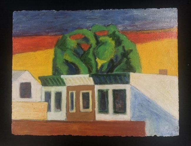 Edward Avedisian ( 1936-2007 ) gouache (oil) on paper impressionist landscape with buildings, signed (1 of 1)