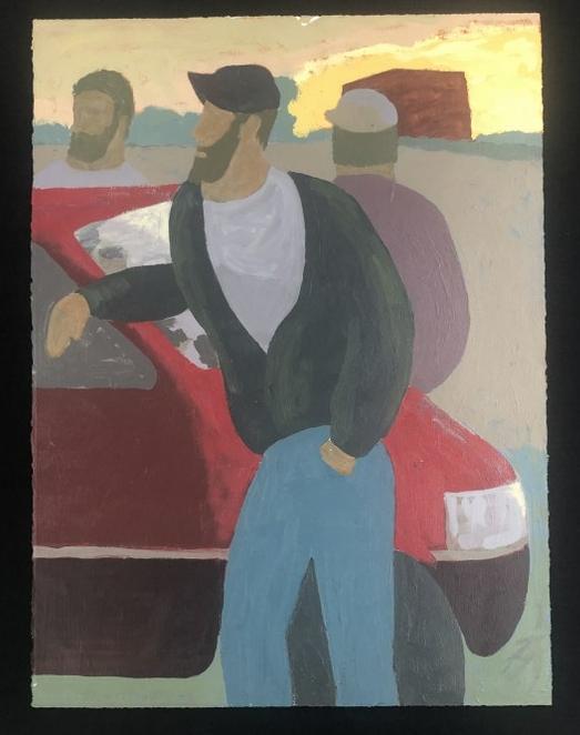 Edward Avedisian ( 1936-2007 ) gouache or oil on paper, (3) guys around a vehicle, signed in paint (1 of 1)