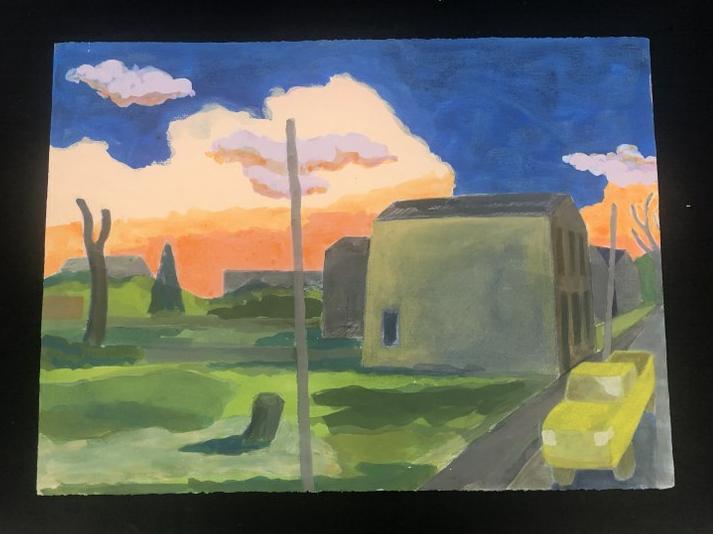Edward Avedisian ( 1936-2007 ) w/color landscape with buildings & truck, painting measures 22.5" x: Edward Avedisian ( 1936-2007 ) w/color landscape with buildings & truck, painting measures 22.5" x 30", dated on back 93. From Hudson, N.Y. estate of noted Art Collector Albert Burnette Roberts (1932-