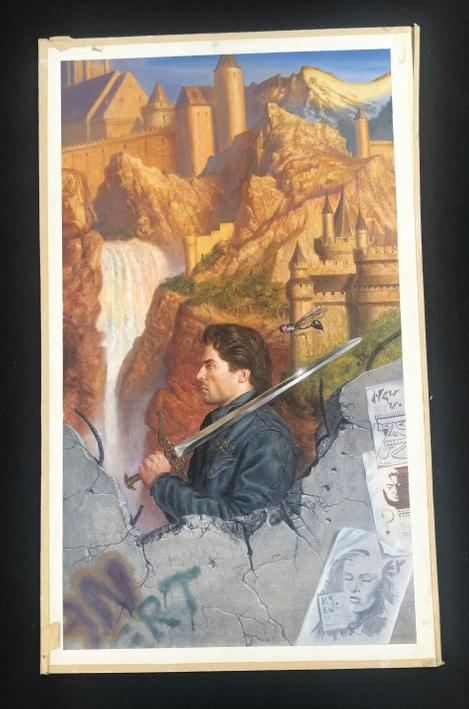 Kevin Eugene Johnson ( b 1954 ) original oil illustration, man with sword, with castles in (1 of 1)