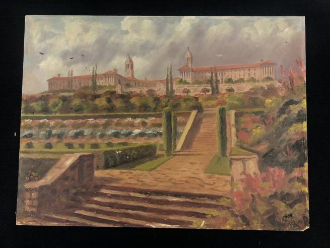 Thomas Lighton o/b landscape with large buildings in background, signed lower right, dated 1934, (1 of 2)