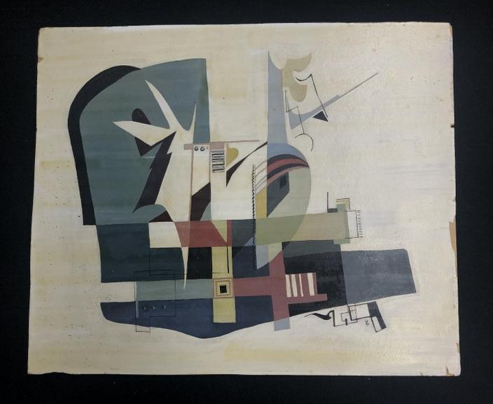 Mid Century Abstract gouache on paper ( initials GAF ? ) paper laid on cardboard, painting measures (1 of 3)