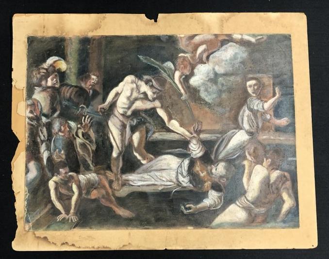 The Martydom of St. Matthew o/c, unsigned, loose canvas measures 16" x 21.5". ( loose canvas laid on (1 of 1)