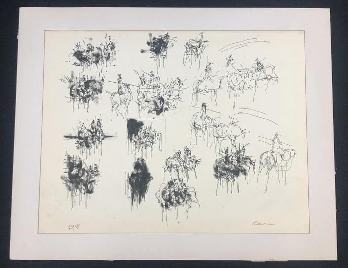 Reginald Pollack ( 1924-2001 ) Mid Century pen & ink drawing of figures on horses, signed lower (1 of 4)