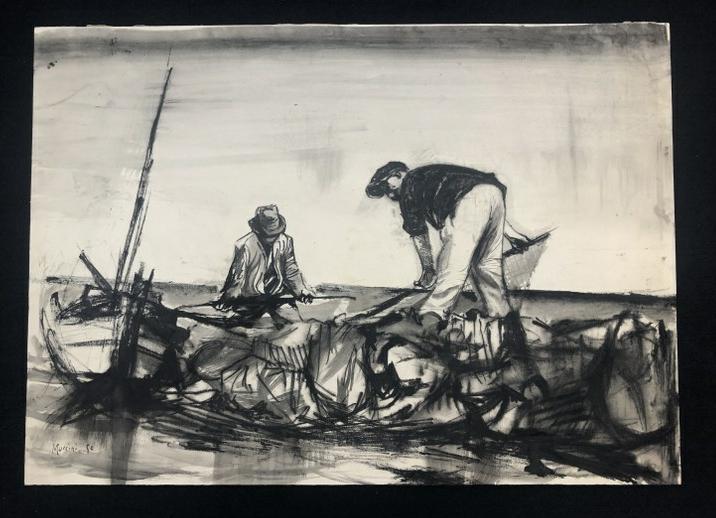 Marcello Muccini (1926-1978 ) w/color Mid Century men fishing on boat, signed lower left, dated: Marcello Muccini (1926-1978 ) w/color Mid Century men fishing on boat, signed lower left, dated 1950. Measures 20" x 27.5". From Hudson, N.Y. estate of noted Art Collector Albert Burnette Roberts (193
