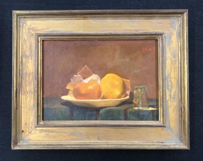 St. Julian Fishburne ( 1927-2011 ) o/b still life with oranges & glass, initialed top right, (1 of 3)
