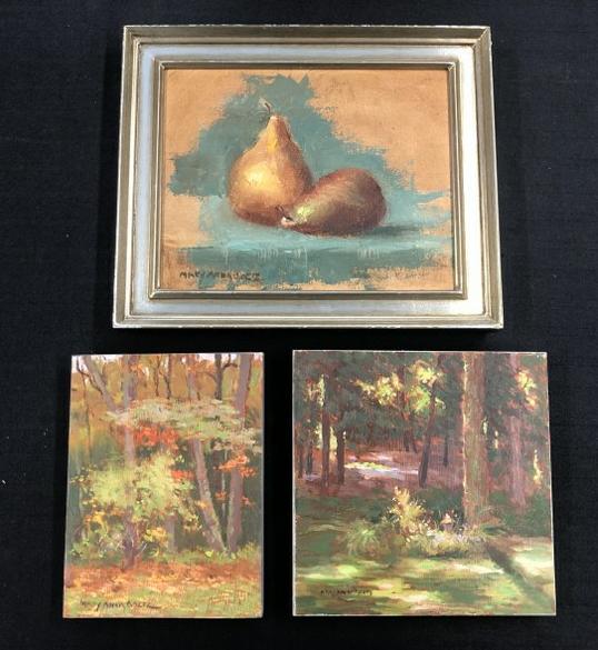 (3) Mary Anna Goetz ( b 1946 ) small paintings, all signed, (2) on wood panels, larger still life is (1 of 2)