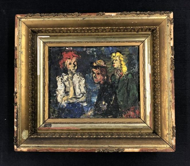 Norman Carton ( 1908-1980 ) untitled impressionist o/c with 3 women, has RO Gallery label on back,: Norman Carton ( 1908-1980 ) untitled impressionist o/c with 3 women, has RO Gallery label on back, painting measures 8" x 10", canvas on top left is starting to lift from the stretcher. From Hudson, N