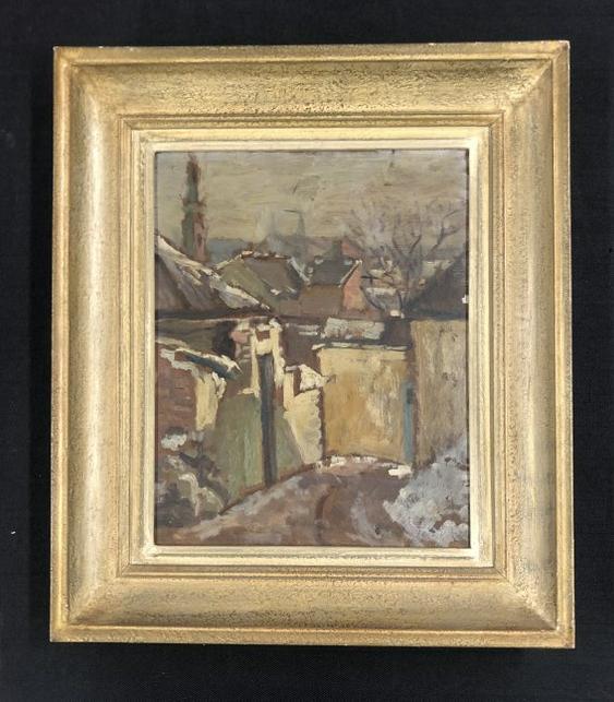 Impressionist o/b landscape with buildings, signed illegibly lower right, with writing on the back, (1 of 5)