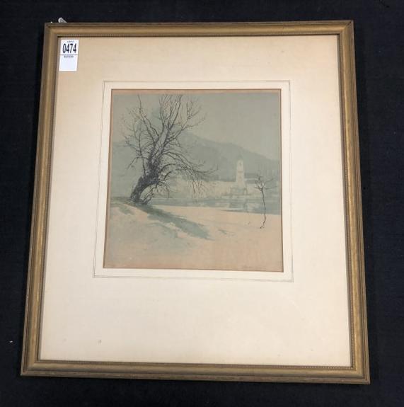 Luigi Kasimir ( 1881-1962 ) signed landscape etching with buildings in background, pencil signed (1 of 2)