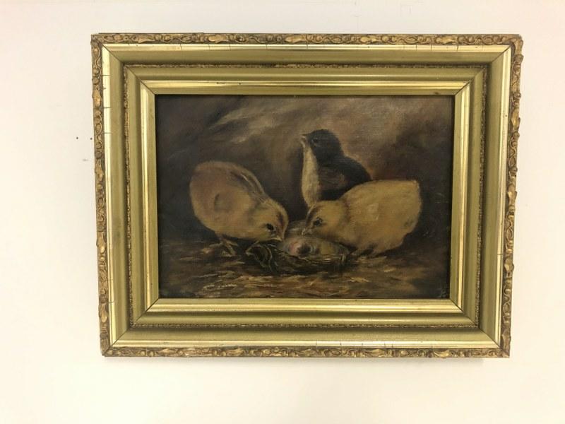 Circa 1900 o/c (3) chicks, in frame of the period, canvas measures 7.5" x 10". From Hudson Valley: Circa 1900 o/c (3) chicks, in frame of the period, canvas measures 7.5" x 10". From Hudson Valley estate.