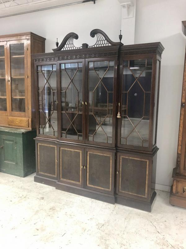 Stickley formal mahogany with inlay (2) part breakfront, with carvings along the top & crest. Has (1 of 3)