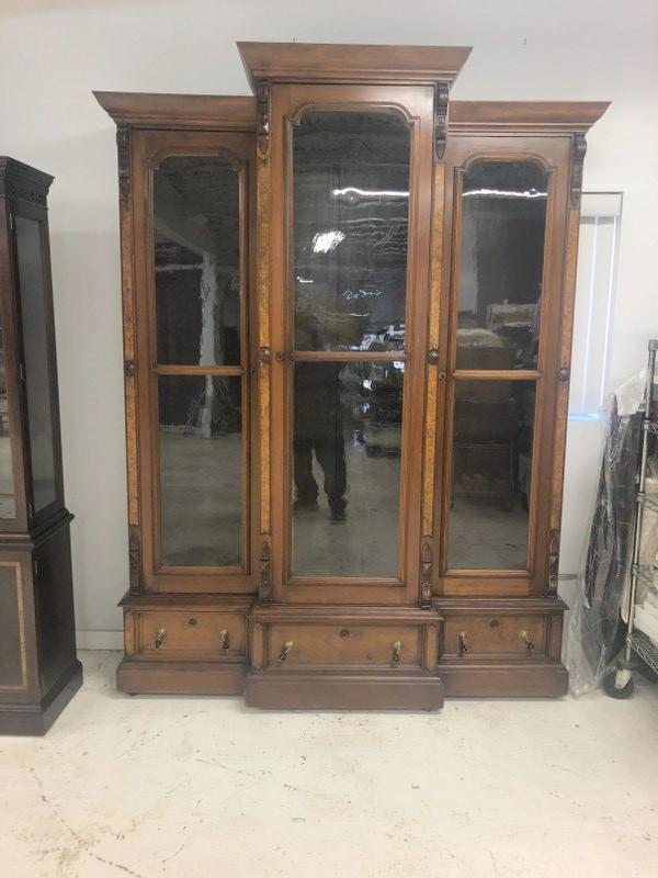 Victorian large triple door walnut bookcase, with burl accents. From fine Catskill, New York home, (1 of 5)