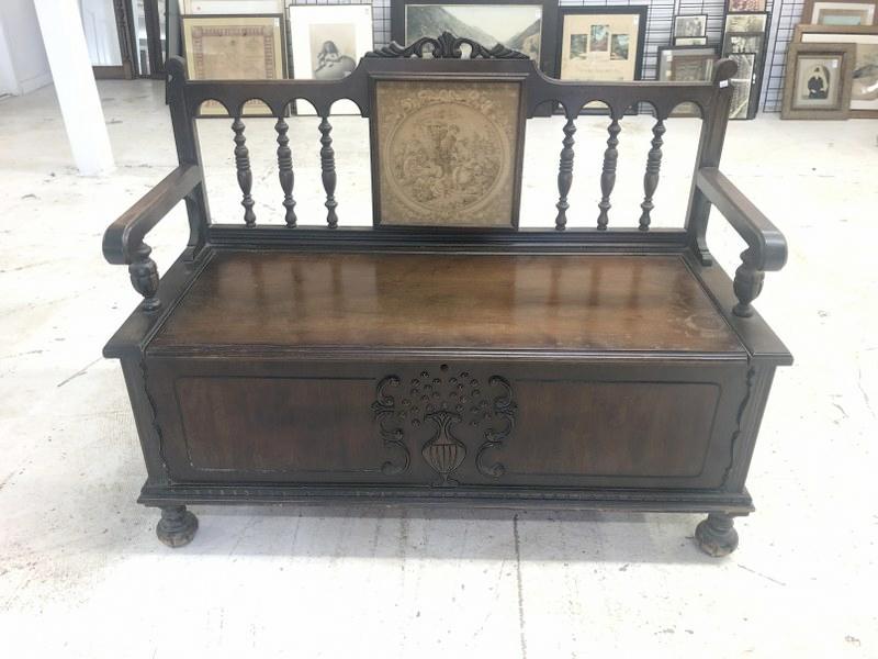 Circa 1920's lift top bench with arms, has tapestry back panel which is intact, looks like walnut, (1 of 3)