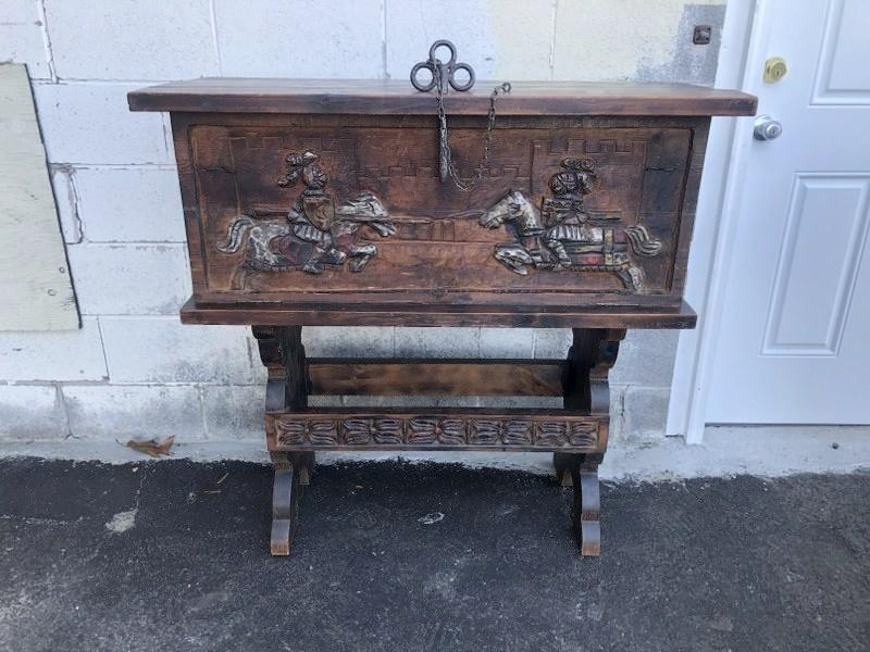 Circa 1960's medieval look pull down pine bar, with knights on horses, crests, etc. Made to look (1 of 2)