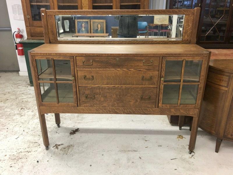 Circa 1910 Mission quarter sewn oak sideboard with mirror backsplash & glass panel doors and sides, (1 of 4)