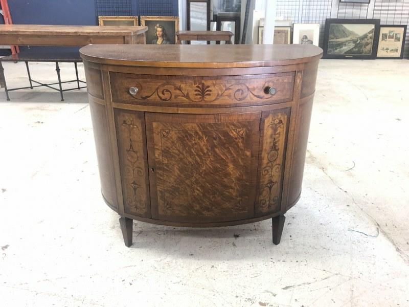 Satinwood inlaid quarter moon shaped console, from storage unit of fine NYC home, measures 41" wide: Satinwood inlaid quarter moon shaped console, from storage unit of fine NYC home, measures 41" wide x 20" deep x 33.75" high. Structurally sound, has some veneer small pieces off, some are in the top 