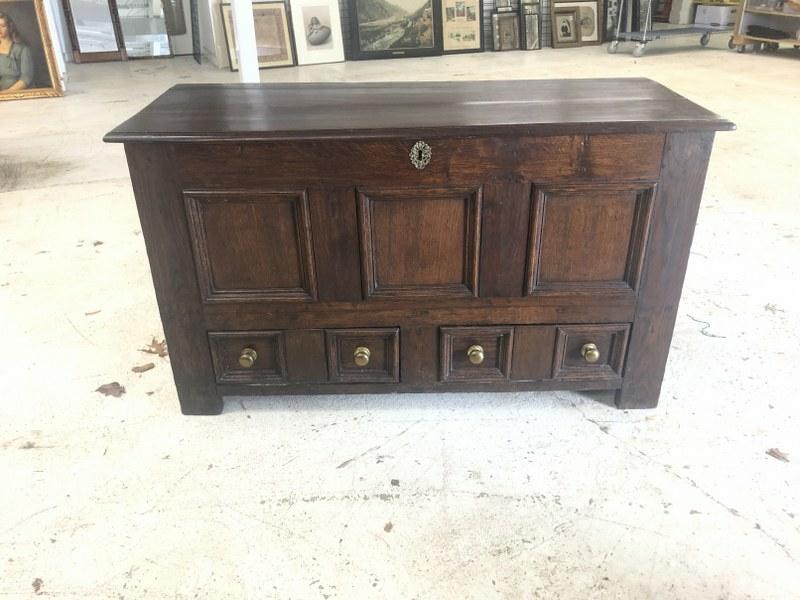 Early Continental oak lift top blanket box with 2 storage drawers underneath, brass knobs, raised (1 of 4)