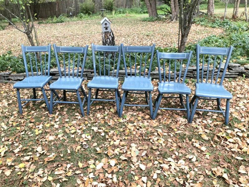 (6) country plank seat chairs with spindle backs, later blue paint, from NYC weekender's Hudson (1 of 3)