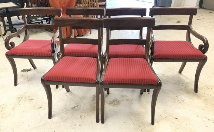 Set (6) flamed mahogany sabre leg dining chairs, with reddish upholstered seats, structurally sound, (1 of 3)
