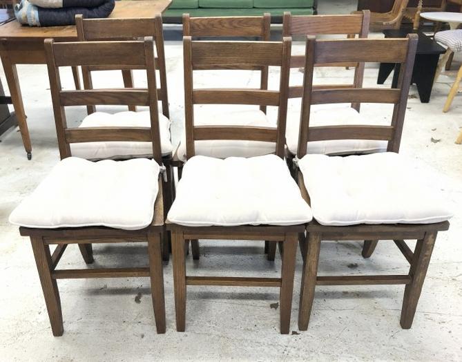 Set (6) oak Mission style chairs ( possibly used in a school ), structurally sound, used around (1 of 2)