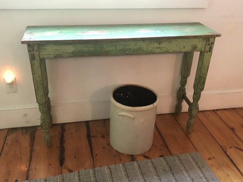 Old green paint country console table, wonderful wear to paint, with turned legs, from NYC (1 of 1)