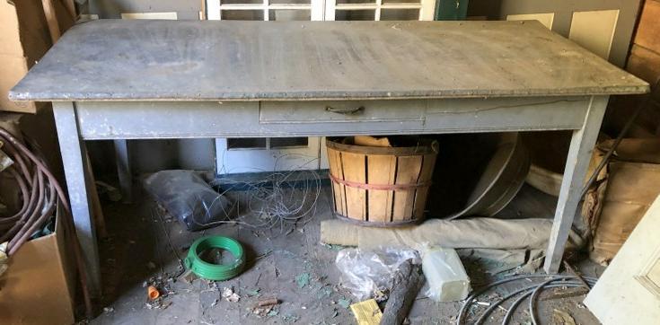 Wonderful zinc top country work table with one drawer, base is in perfectly patina old gray paint. (1 of 6)