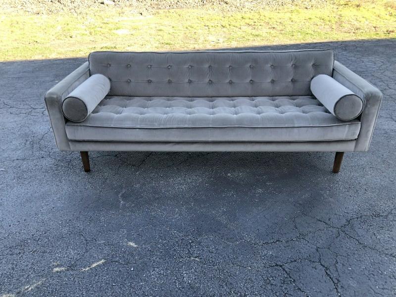 Jonathan Adler Happy Chic Collection gray velvt tufted sofa, structurally sound, has a water stain (1 of 5)