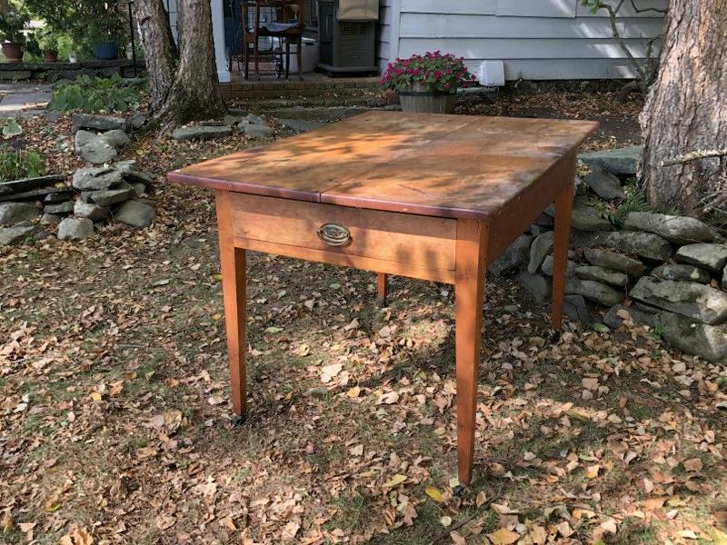19th C country pine work table with (1) drawer and tapered legs. From NYC weekenders country home in (1 of 4)