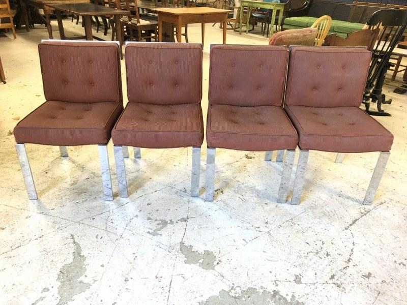 (4) Mid Century chrome dining chairs, unsure of maker, structurally sound, upholstery intact, but (1 of 4)