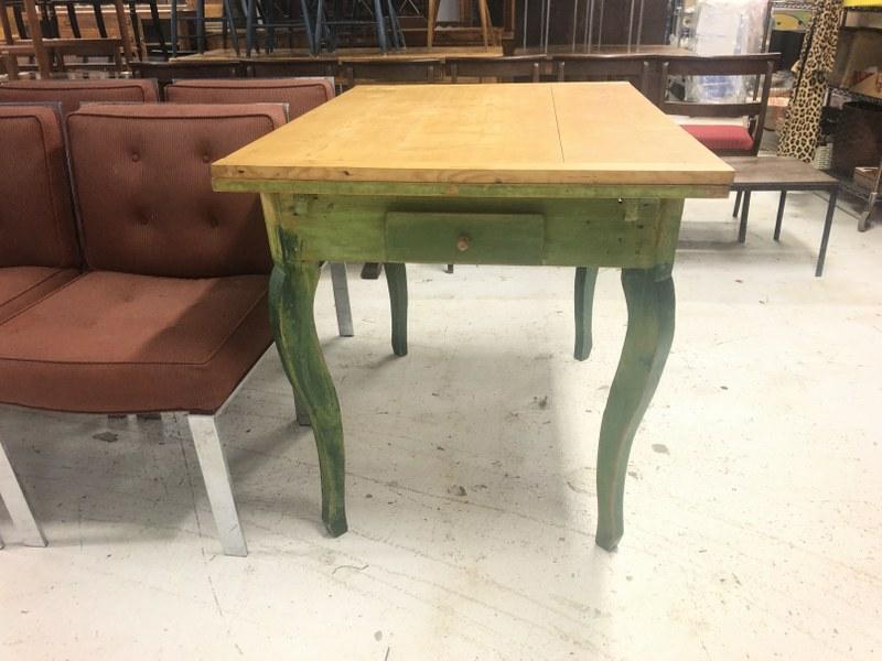 Country farm table, was ued as their dining table, old green paint base, has drawer on one end, and (1 of 9)