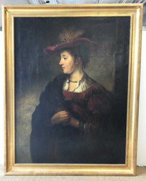 Wonderful large late 18th or early 19th c portrait of well to do woman, with large red hat, wearing (1 of 4)