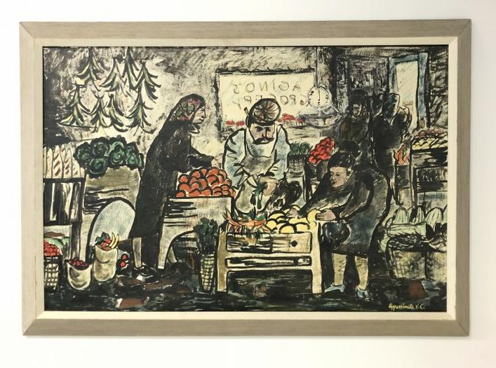 Impressionist Mid Century o/b people shopping at outdoor market with vendor, signed lower right ( (1 of 3)