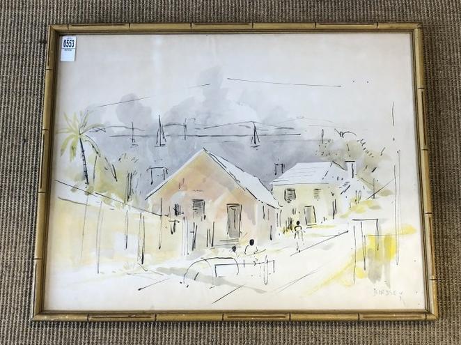 Alfred Birdsey ( 1912-1996 ) w/color Bermuda street scene with houses & people, signed lower right, (1 of 2)