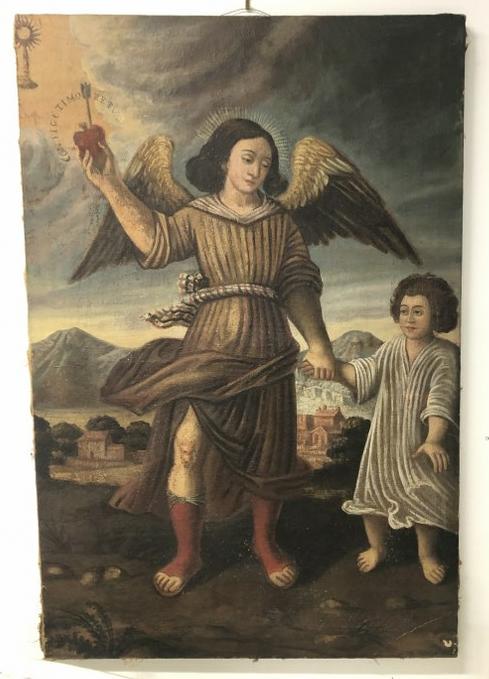 Early o/c religious painting, has paint crackling throughout, the painting measures 47.5" x 31.5". (1 of 3)