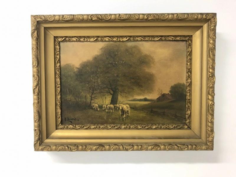 Circa 1900 o/c sheep grazing with farm house in background, signed ( J. Davis ) in frame of the (1 of 3)