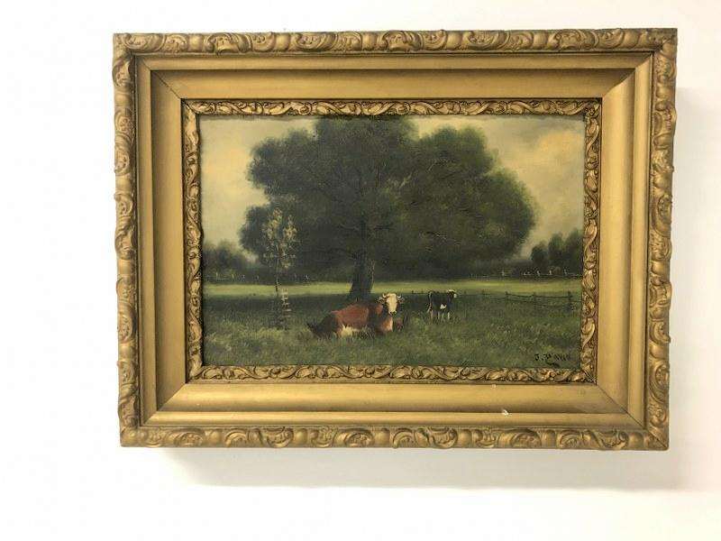 Circa 1900 o/c landscape with cows grazing, signed ( J. Davis ), in frame of the period. Frame has (1 of 3)