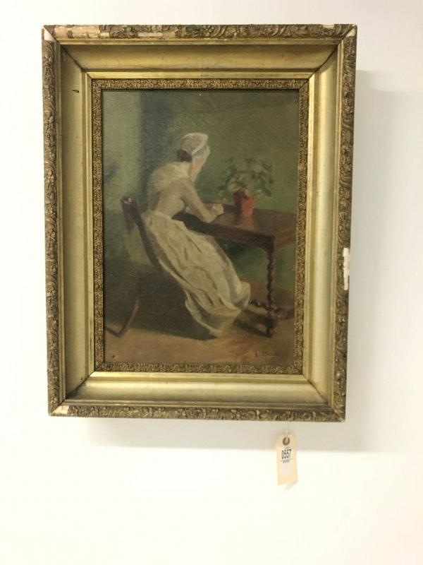 Circa 1900 o/c woman in bonnet seated at table reading, signed lower right ( T Bailey ), in frame of: Circa 1900 o/c woman in bonnet seated at table reading, signed lower right ( T Bailey ), in frame of the period. Frame has some missing gesso trim of edges. Painting measures 18" x 13", from Hudson Va